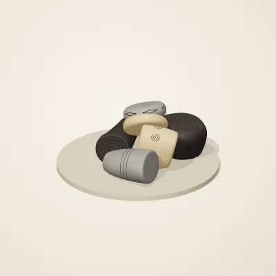 The six parts of Chinese Neolithic No. 33 in a loose pile on a round stand