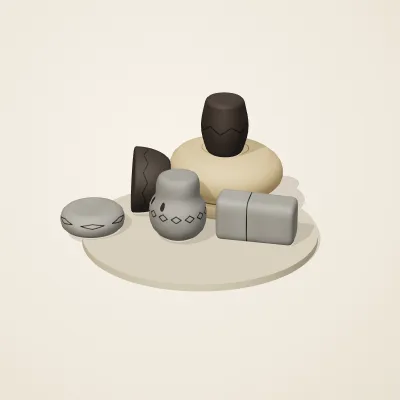 The six parts of Chinese Neolithic No. 34 in a loose pile on a round stand