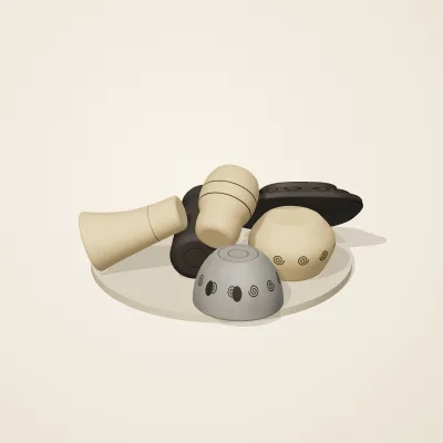 The six parts of Chinese Neolithic No. 35 in a loose pile on a round stand