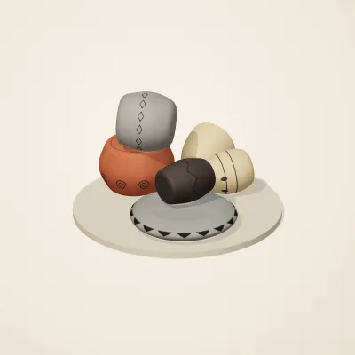 The six parts of Chinese Neolithic No. 38 in a loose pile on a round stand