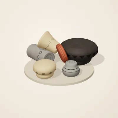 The six parts of Chinese Neolithic No. 39 in a loose pile on a round stand