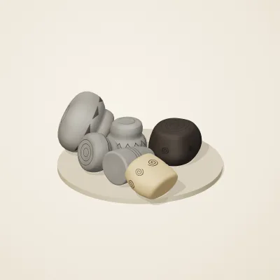 The six parts of Chinese Neolithic No. 40 in a loose pile on a round stand