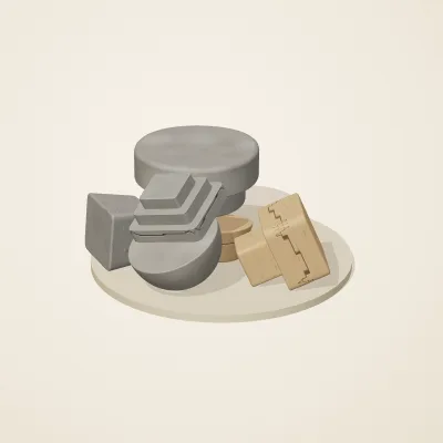 The six parts of Tibetan Mountain No. 1 in a loose pile on a round stand