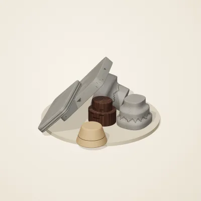 The six parts of Tibetan Mountain No. 13 in a loose pile on a round stand
