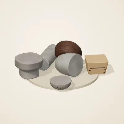 The six parts of Tibetan Mountain No. 28 in a loose pile on a round stand