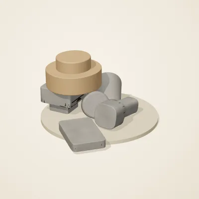 The six parts of Tibetan Mountain No. 29 in a loose pile on a round stand