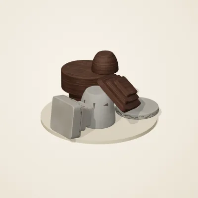 The six parts of Tibetan Mountain No. 33 in a loose pile on a round stand