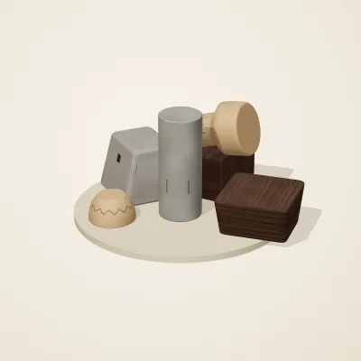 The six parts of Tibetan Mountain No. 36 in a loose pile on a round stand