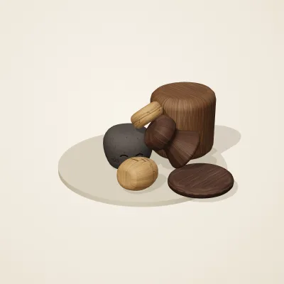 The six parts of Balinese Woodcraft No. 5 in a loose pile on a round stand