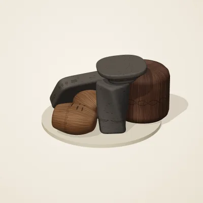 The six parts of Balinese Woodcraft No. 6 in a loose pile on a round stand