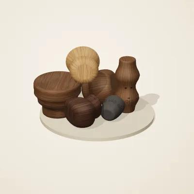 The six parts of Balinese Woodcraft No. 12 in a loose pile on a round stand