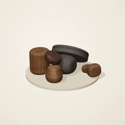 The six parts of Balinese Woodcraft No. 15 in a loose pile on a round stand
