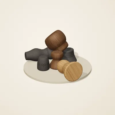 The six parts of Balinese Woodcraft No. 22 in a loose pile on a round stand