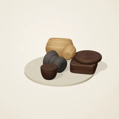 The six parts of Balinese Woodcraft No. 24 in a loose pile on a round stand