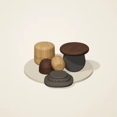 The six parts of Balinese Woodcraft No. 26 in a loose pile on a round stand