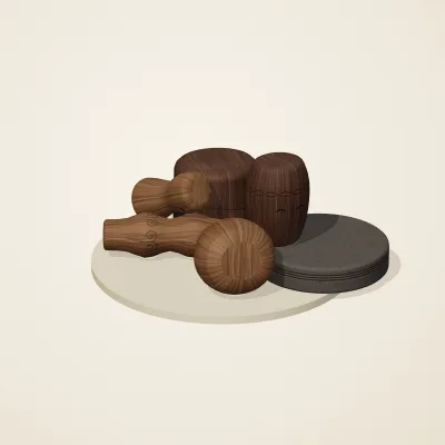 The six parts of Balinese Woodcraft No. 27 in a loose pile on a round stand