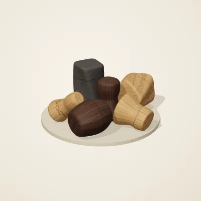 The six parts of Balinese Woodcraft No. 28 in a loose pile on a round stand