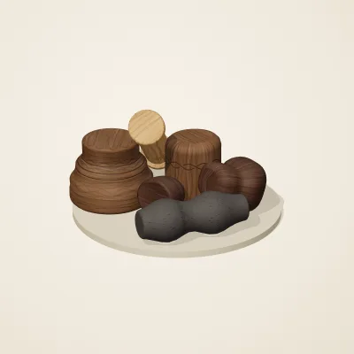 The six parts of Balinese Woodcraft No. 29 in a loose pile on a round stand