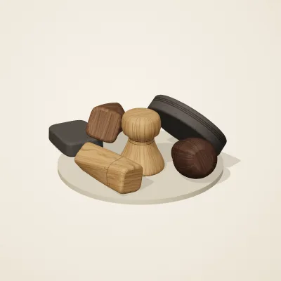 The six parts of Balinese Woodcraft No. 31 in a loose pile on a round stand