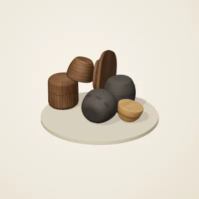 The six parts of Balinese Woodcraft No. 32 in a loose pile on a round stand
