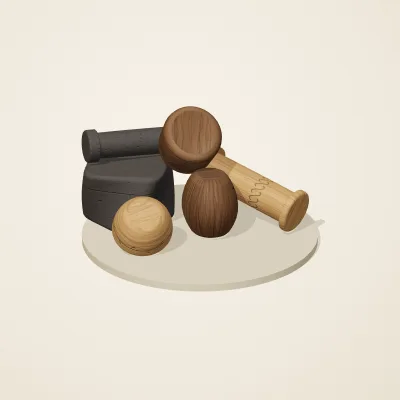 The six parts of Balinese Woodcraft No. 34 in a loose pile on a round stand