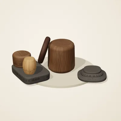 The six parts of Balinese Woodcraft No. 35 in a loose pile on a round stand