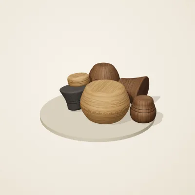 The six parts of Balinese Woodcraft No. 37 in a loose pile on a round stand