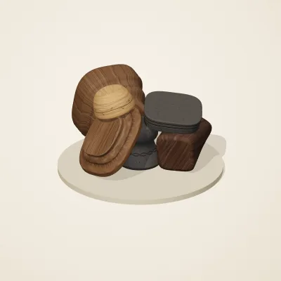 The six parts of Balinese Woodcraft No. 40 in a loose pile on a round stand