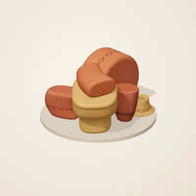 The six parts of Indian Terracotta No. 1 in a loose pile on a round stand
