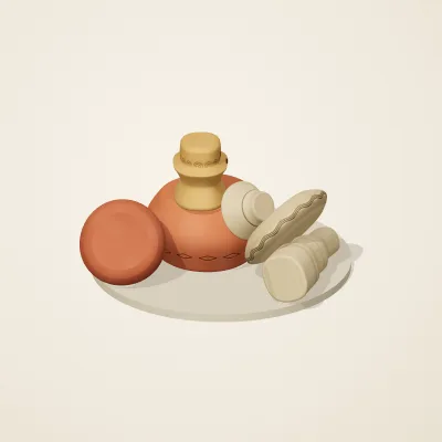 The six parts of Indian Terracotta No. 2 in a loose pile on a round stand