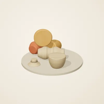 The six parts of Indian Terracotta No. 4 in a loose pile on a round stand