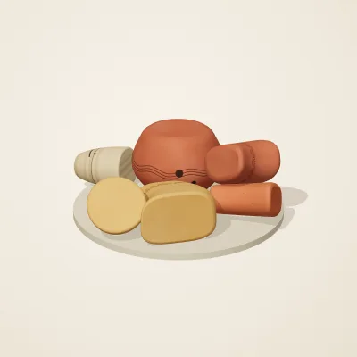 The six parts of Indian Terracotta No. 5 in a loose pile on a round stand
