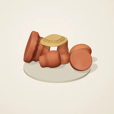 The six parts of Indian Terracotta No. 7 in a loose pile on a round stand
