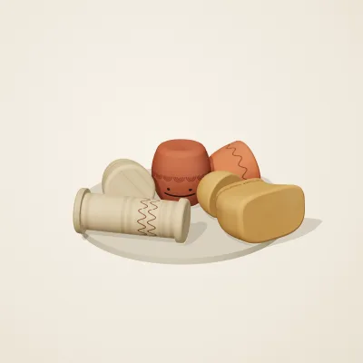 The six parts of Indian Terracotta No. 8 in a loose pile on a round stand