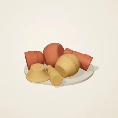 The six parts of Indian Terracotta No. 9 in a loose pile on a round stand