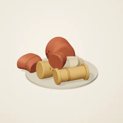 The six parts of Indian Terracotta No. 10 in a loose pile on a round stand