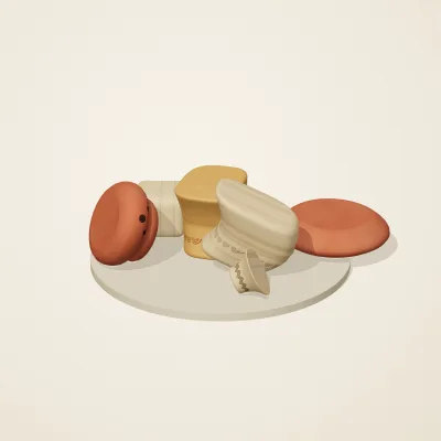 The six parts of Indian Terracotta No. 13 in a loose pile on a round stand