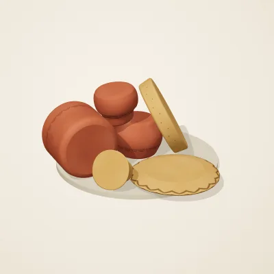 The six parts of Indian Terracotta No. 14 in a loose pile on a round stand