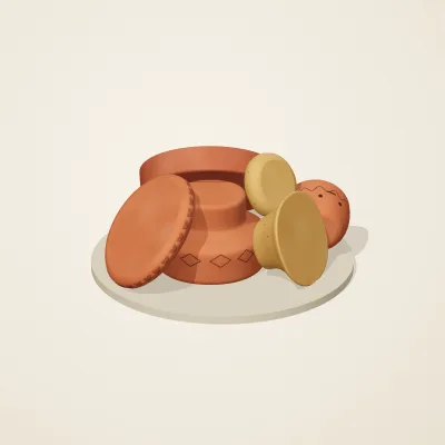 The six parts of Indian Terracotta No. 15 in a loose pile on a round stand