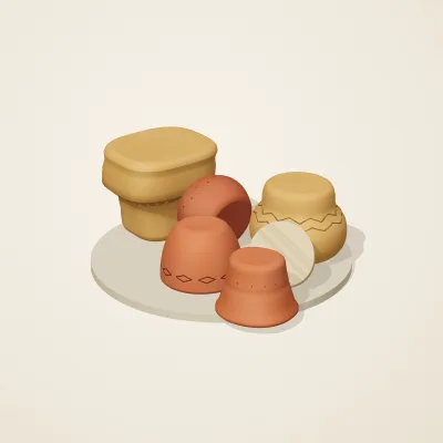 The six parts of Indian Terracotta No. 16 in a loose pile on a round stand