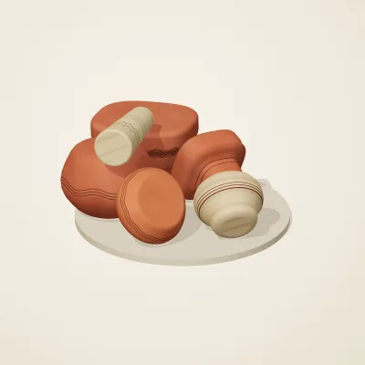 The six parts of Indian Terracotta No. 17 in a loose pile on a round stand