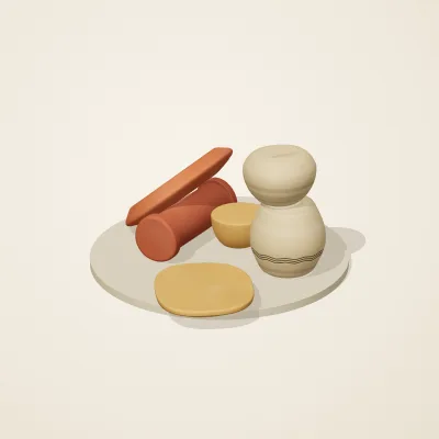 The six parts of Indian Terracotta No. 19 in a loose pile on a round stand