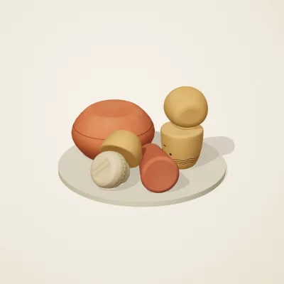 The six parts of Indian Terracotta No. 20 in a loose pile on a round stand