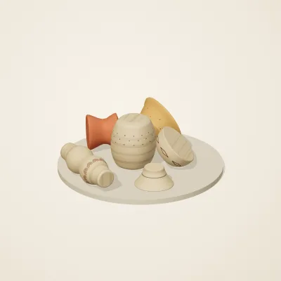 The six parts of Indian Terracotta No. 21 in a loose pile on a round stand