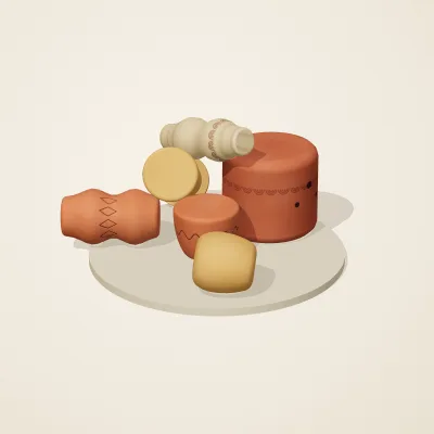 The six parts of Indian Terracotta No. 22 in a loose pile on a round stand