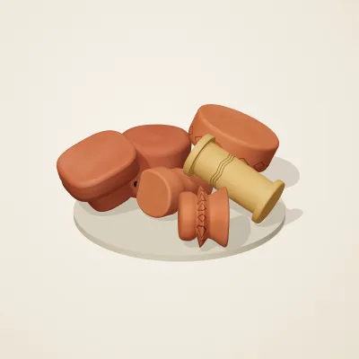 The six parts of Indian Terracotta No. 24 in a loose pile on a round stand