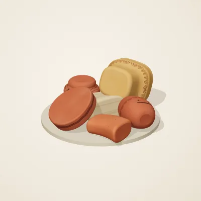 The six parts of Indian Terracotta No. 27 in a loose pile on a round stand