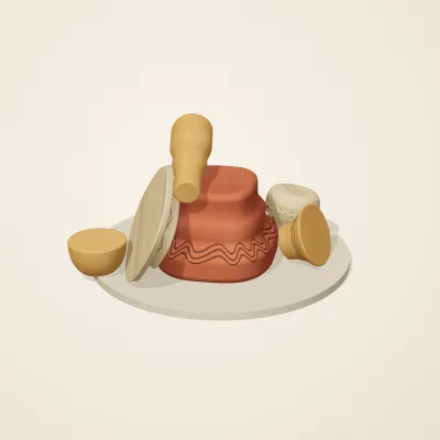 The six parts of Indian Terracotta No. 29 in a loose pile on a round stand