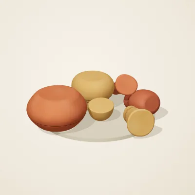 The six parts of Indian Terracotta No. 30 in a loose pile on a round stand