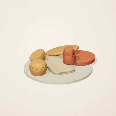 The six parts of Indian Terracotta No. 31 in a loose pile on a round stand